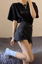 High Waist Black Tassel Shorts Jeans